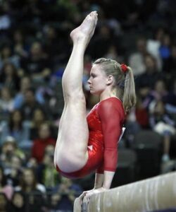 Bridget Sloan of the USA performs on the Balance Beam during the American Cup gymnastics invitational on Saturday, Feb. 21, 2009, in Hoffman Estates, Ill. (AP Photo/Jim Prisching)